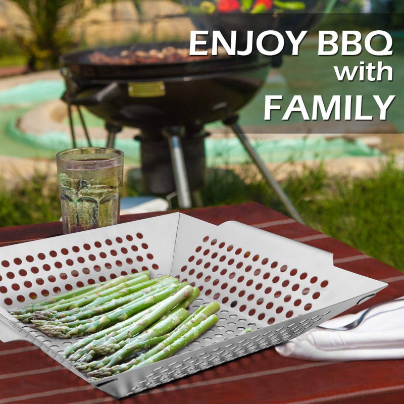 HaSteeL 8â€ Grilling Basket, HaSteeL Small BBQ Grill Basket Wok Set of 2 for Vegetable, Kabobs, Shrimps, Heavy Duty Stainless Steel Grilling Accessories for All Grills, Dishwasher Safe - Image 4
